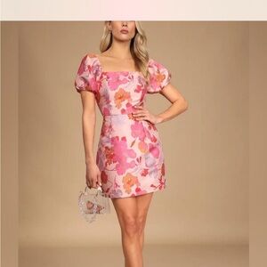 Lulu's Pink Floral jacquard puff sleeve mini dress